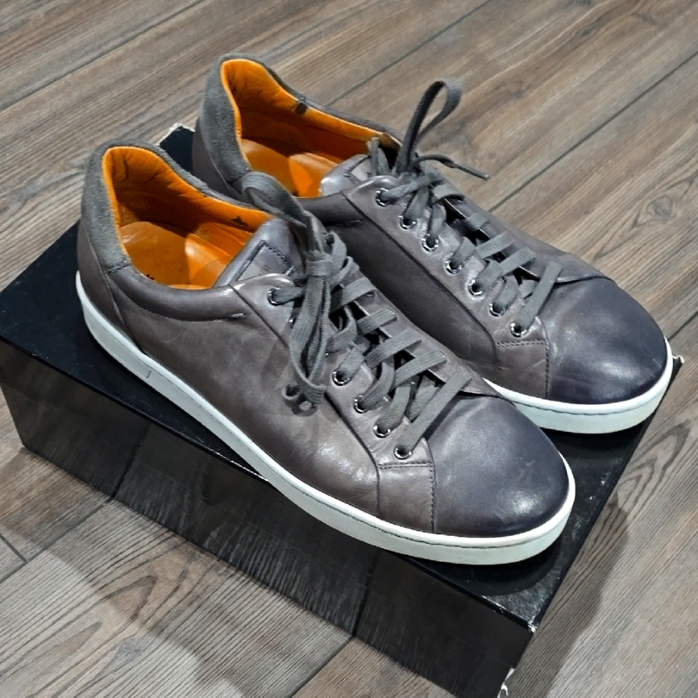 Magnanni Mens 10M Elonso Lo Sneaker Shoes Gray Leather Distressed Casual Lace Up